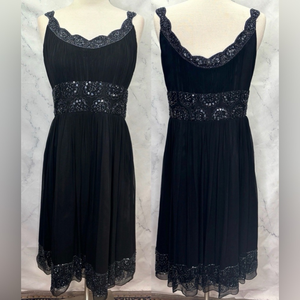 Elegant Black Lace Trim cocktail Dress  ( 100 % silk lined) NWT